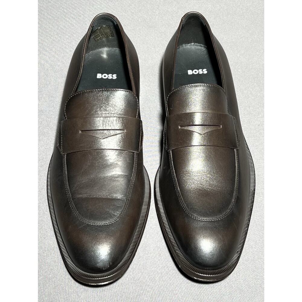HUGO BOSS Derreck Penny Loafer Calfskin Leather Italian Crafted Brown Men 7.5 US